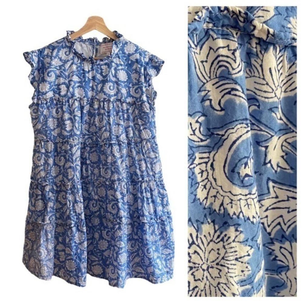 Hampton House Blue White Floral Tiered Mini Dress Large